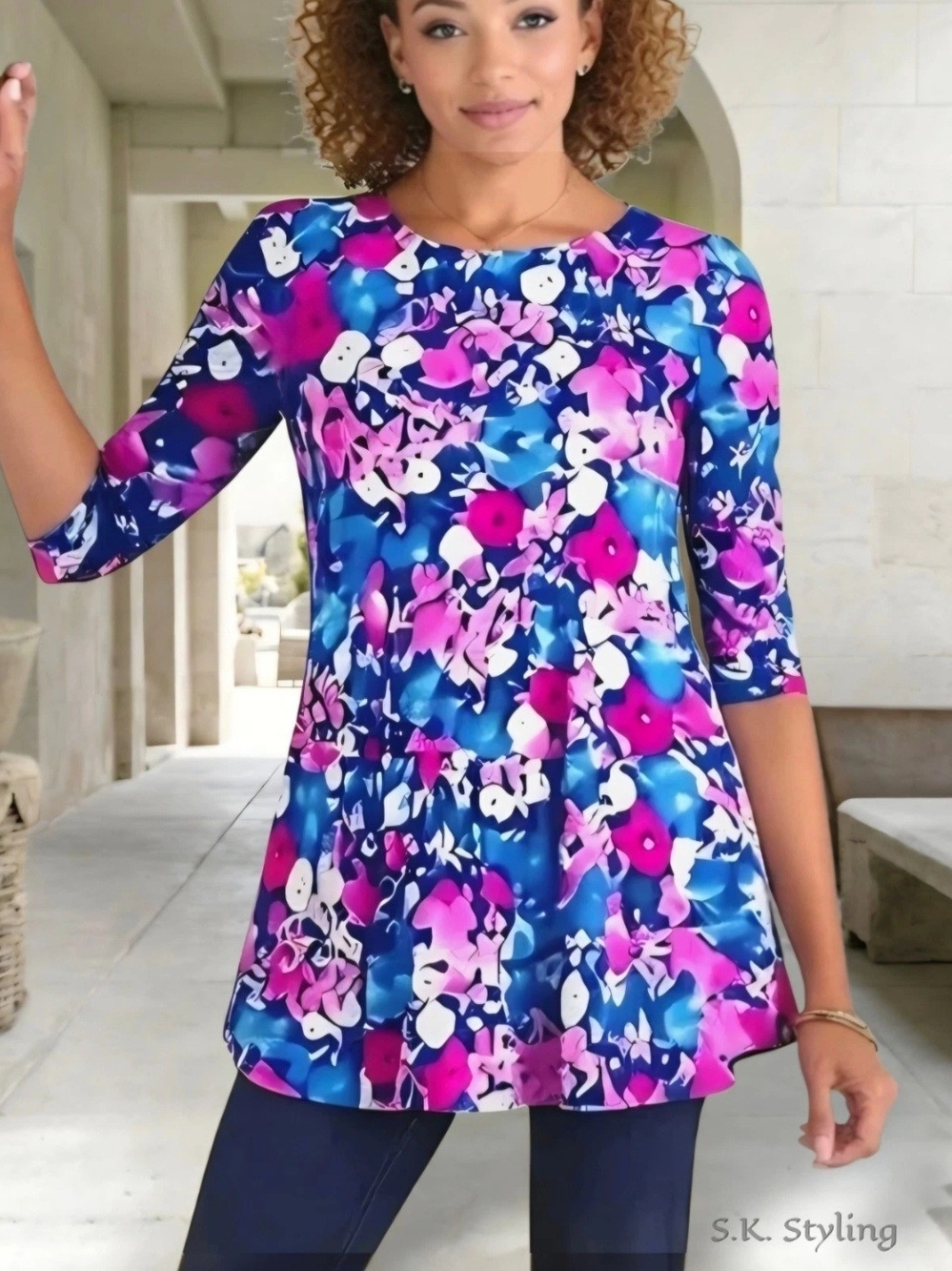 Colleen Lopez Blue/Pink Floral Tiered/Peplum Jersey Knit Top Elbow Sleeve sz S/M